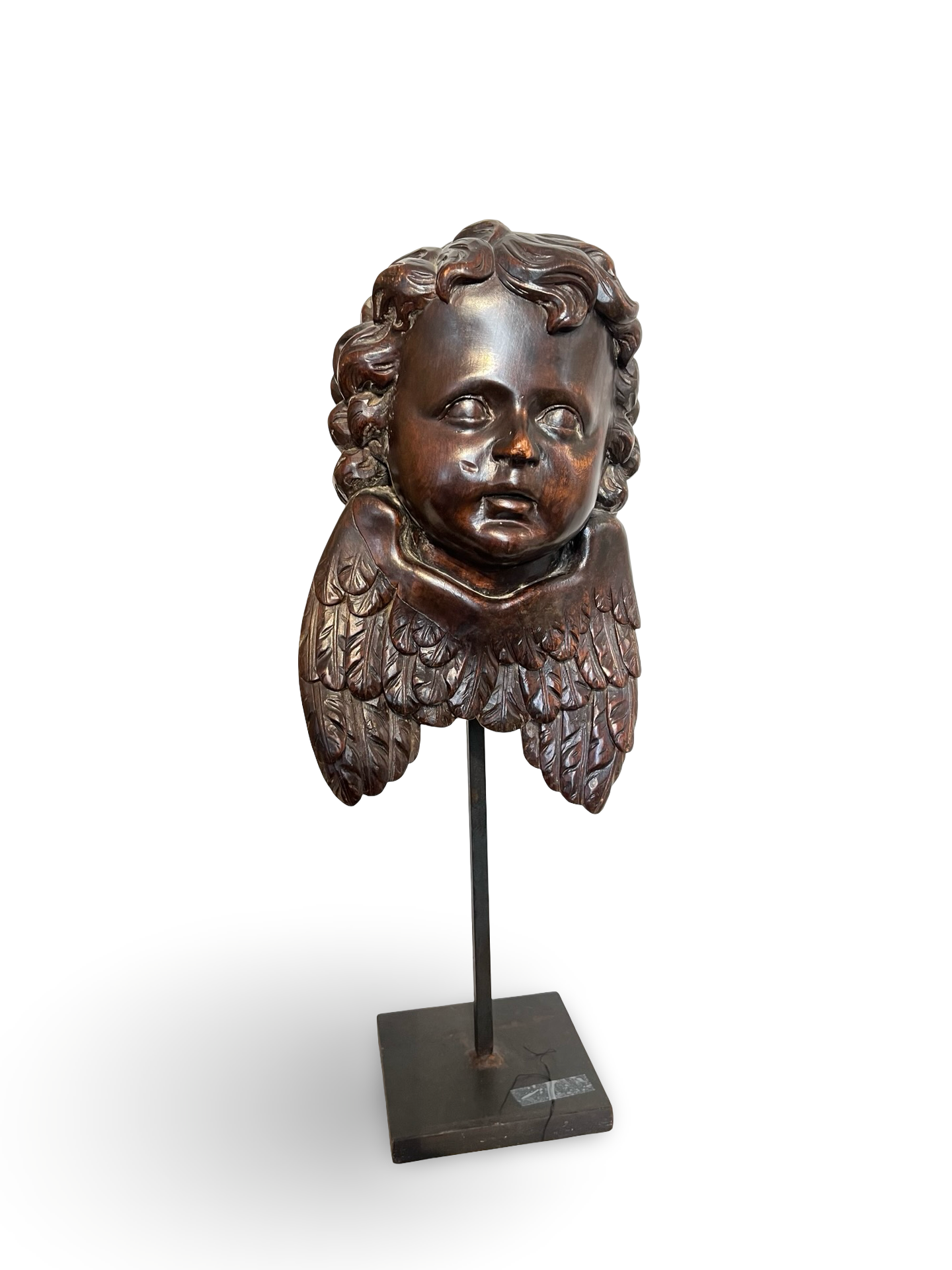 Finely carved wooden cherub head with layered wings