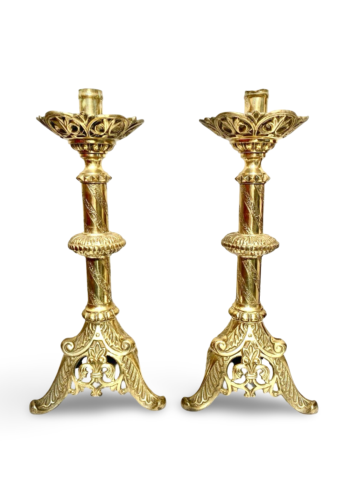 Pair of Gothic-Revival Brass Candlesticks — Northern France, ca. 1890–1910