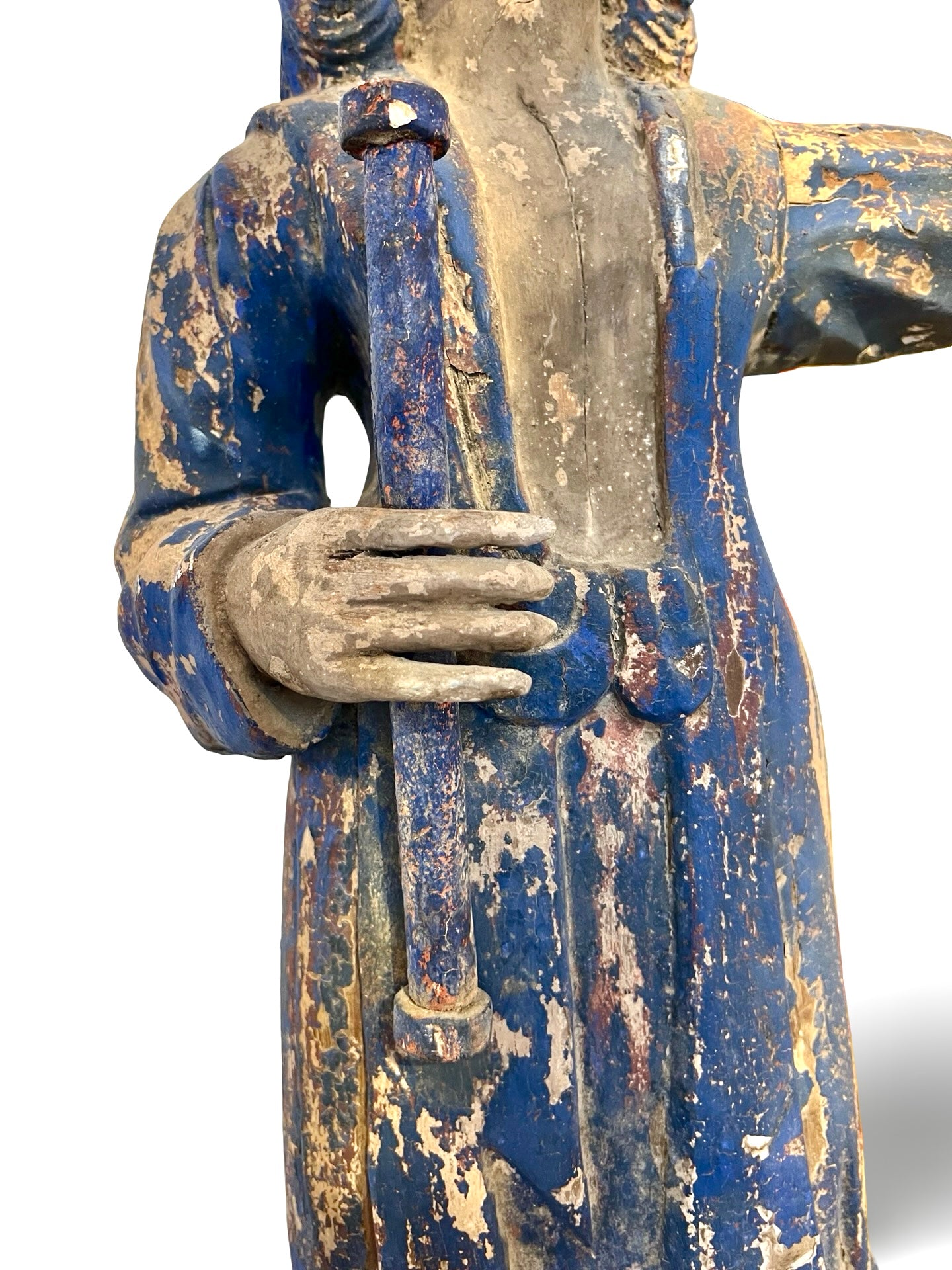A tall and beautifully weathered Asian folk carving, late 19th–early 20th century.