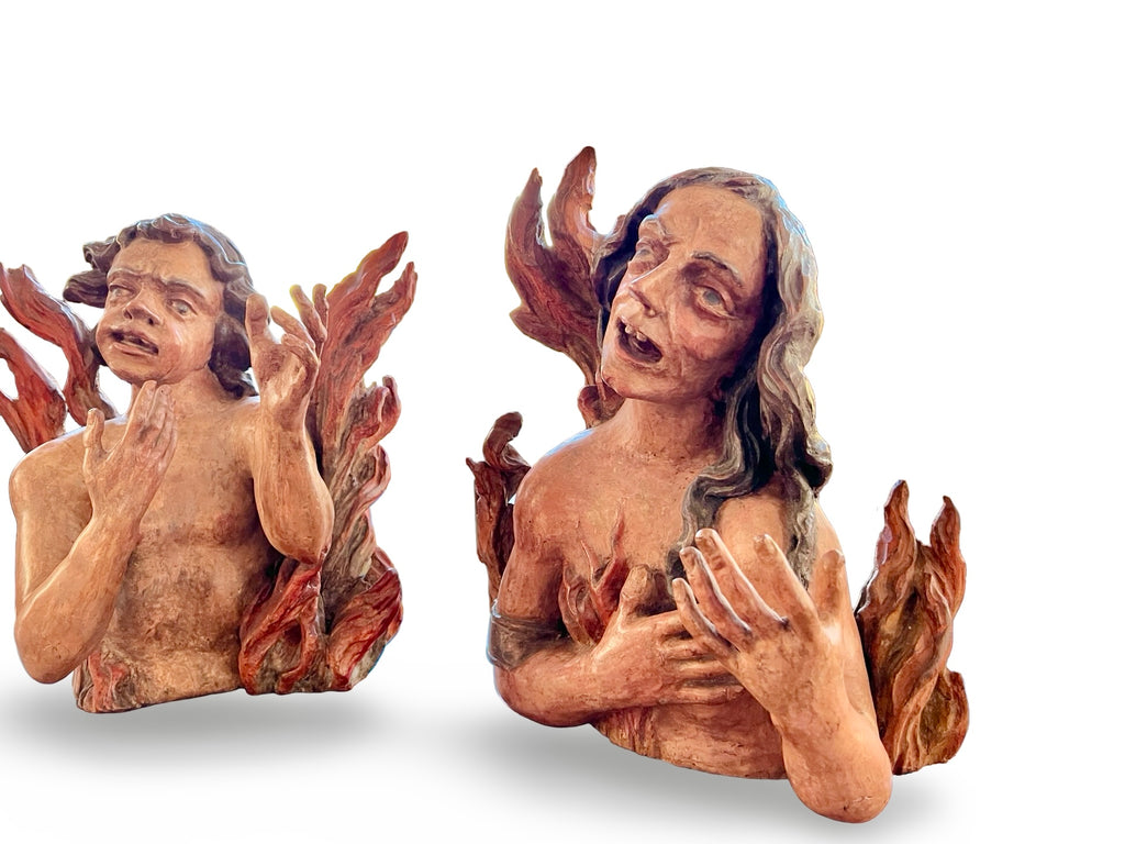 Allegorical “Souls in Purgatory” — Set of Polychrome Carved Wood Relief Figures, Val Gardena (South Tyrol), c. 1880–1930