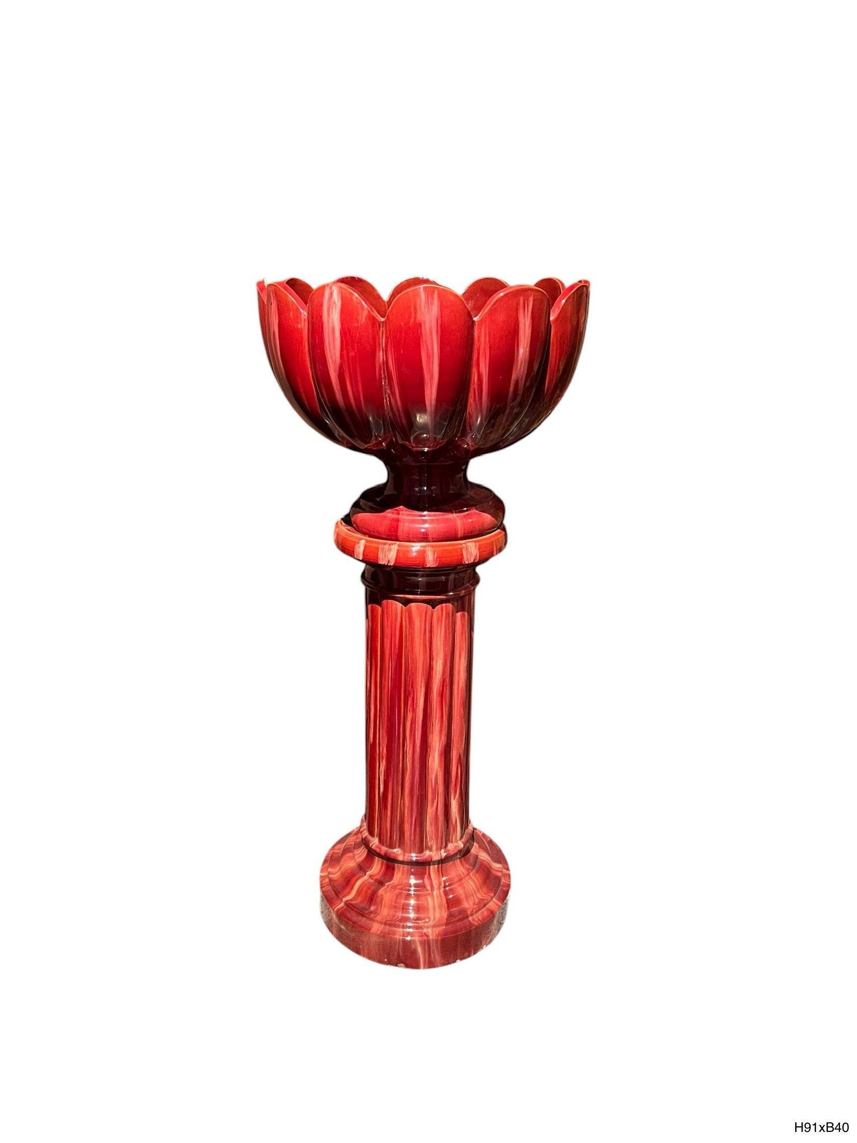 MONUMENTALE ART-DÉCO VOETSCHAAL OP ZUIL – FRANSE CERAMIEK IN DIEPRODE GLAZUUR