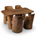 Spectaculaire boomstam eettafel met vier bijpassende stoelen