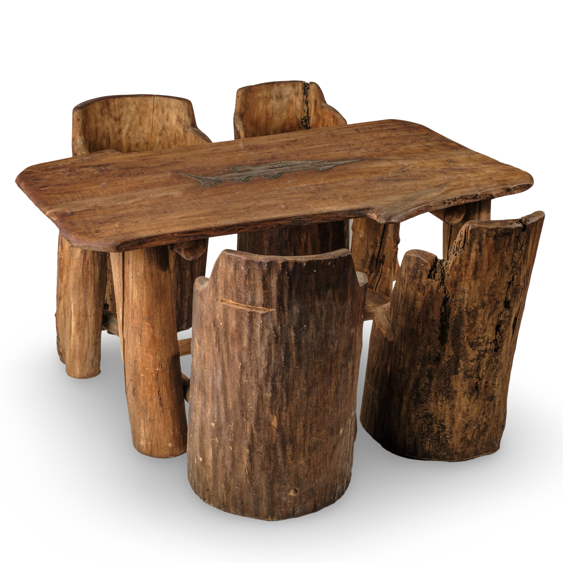 Spectaculaire boomstam eettafel met vier bijpassende stoelen
