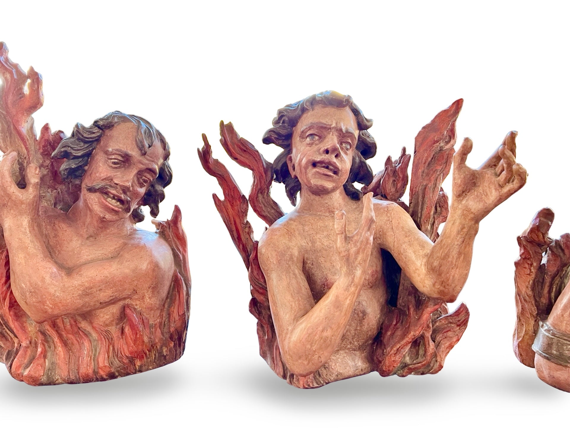 Allegorical “Souls in Purgatory” — Set of Polychrome Carved Wood Relief Figures, Val Gardena (South Tyrol), c. 1880–1930