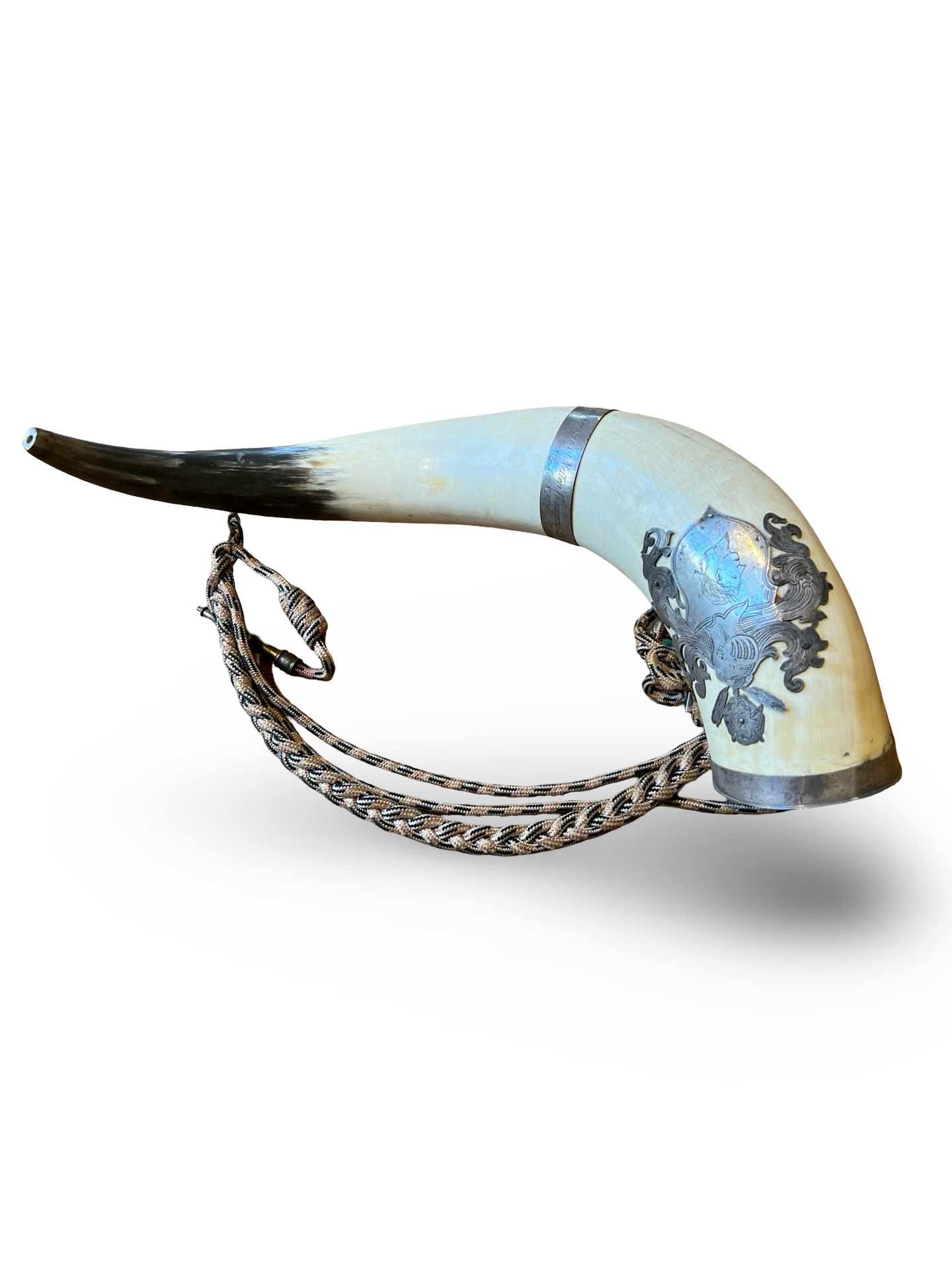 Large curved horn with silver mounts