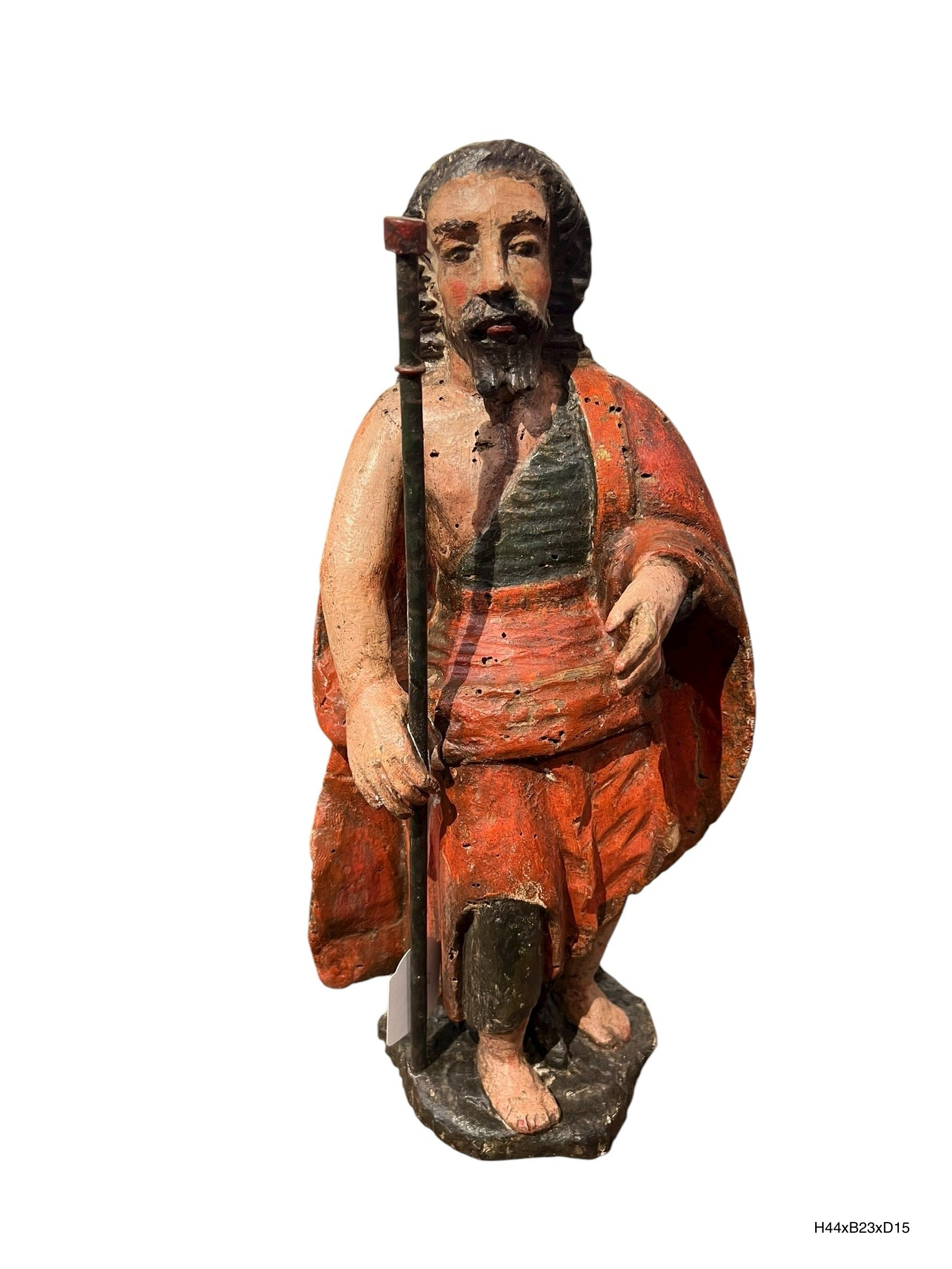 18e-eeuws Spaans polychroom houten beeld – heilige met staf