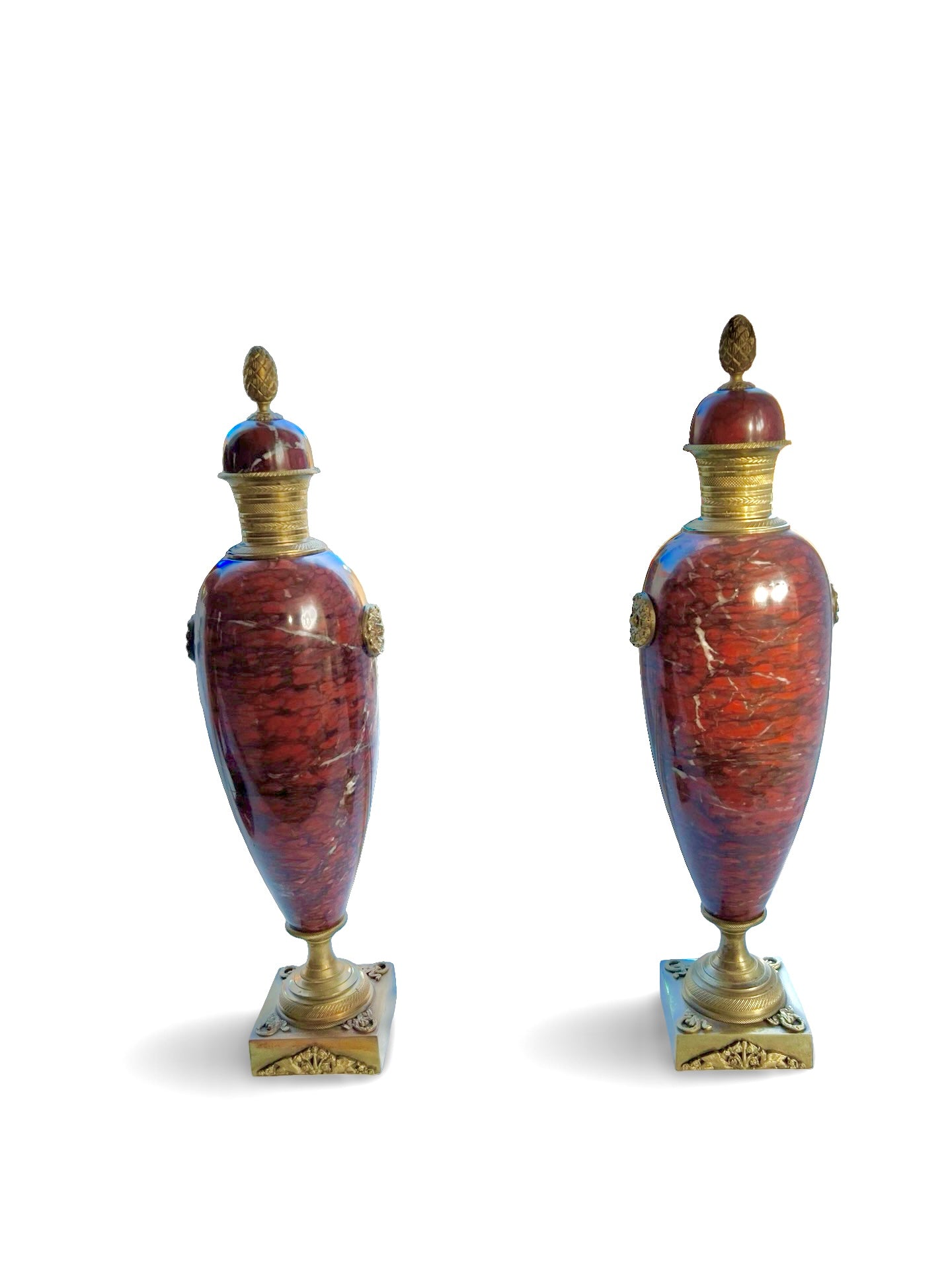Pair of French Red Marble & Gilt Bronze Urns Louis XVI Revival, c. 1870–1890