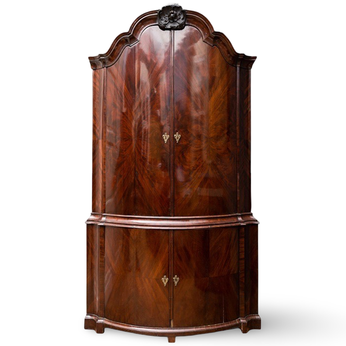 Monumentale 18e-eeuwse hoekvitrine in mahonie-fineer