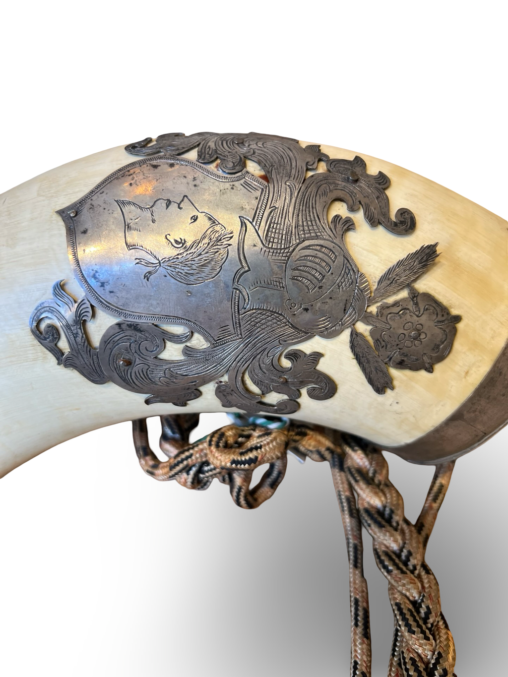 Large curved horn with silver mounts