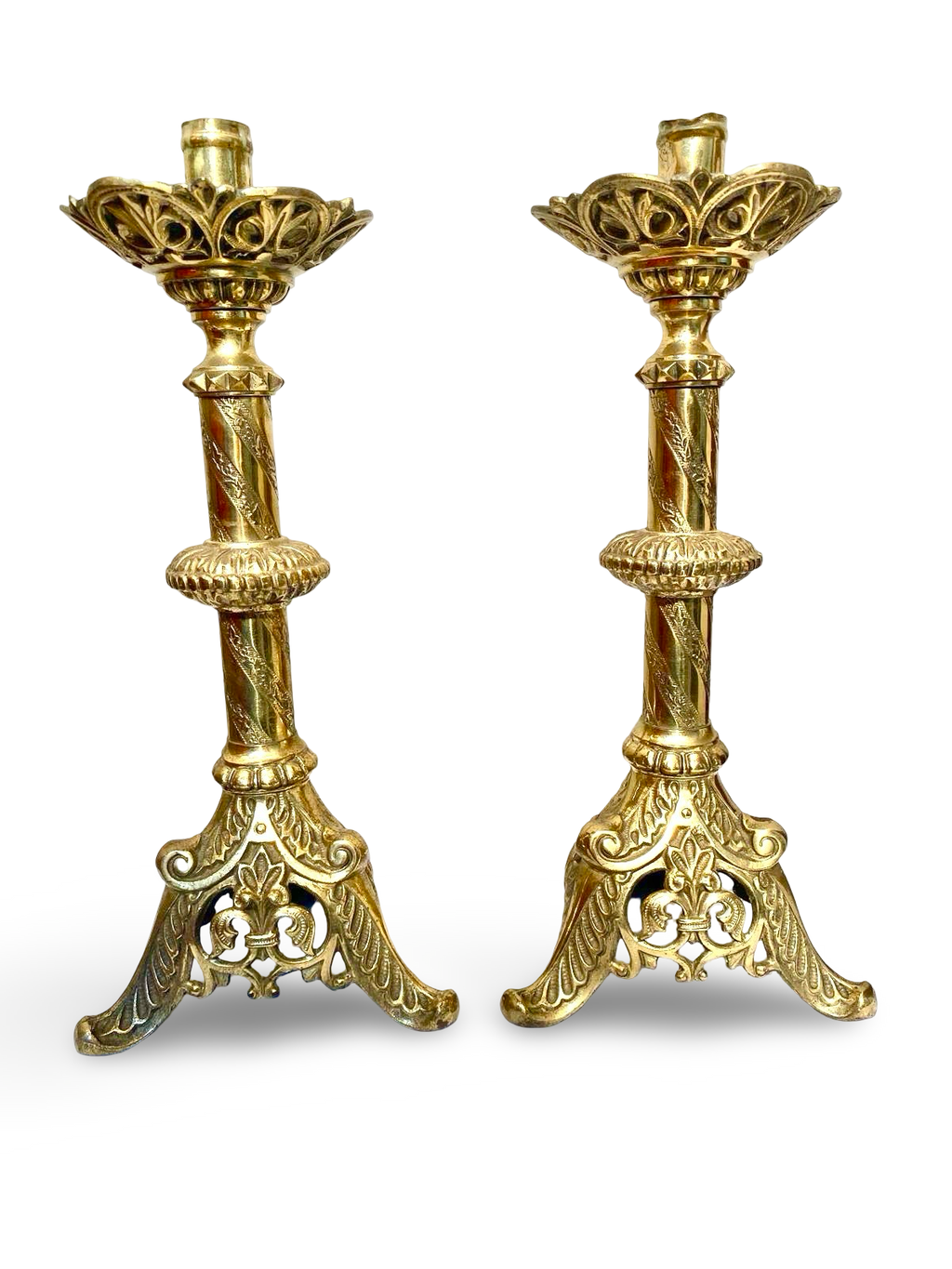 Pair of Gothic-Revival Brass Candlesticks — Northern France, ca. 1890–1910