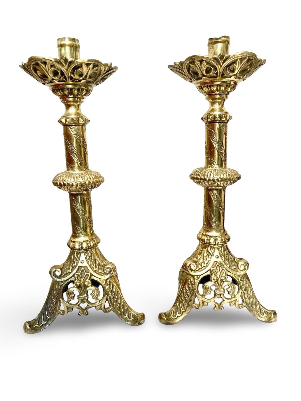 Pair of Gothic-Revival Brass Candlesticks — Northern France, ca. 1890–1910