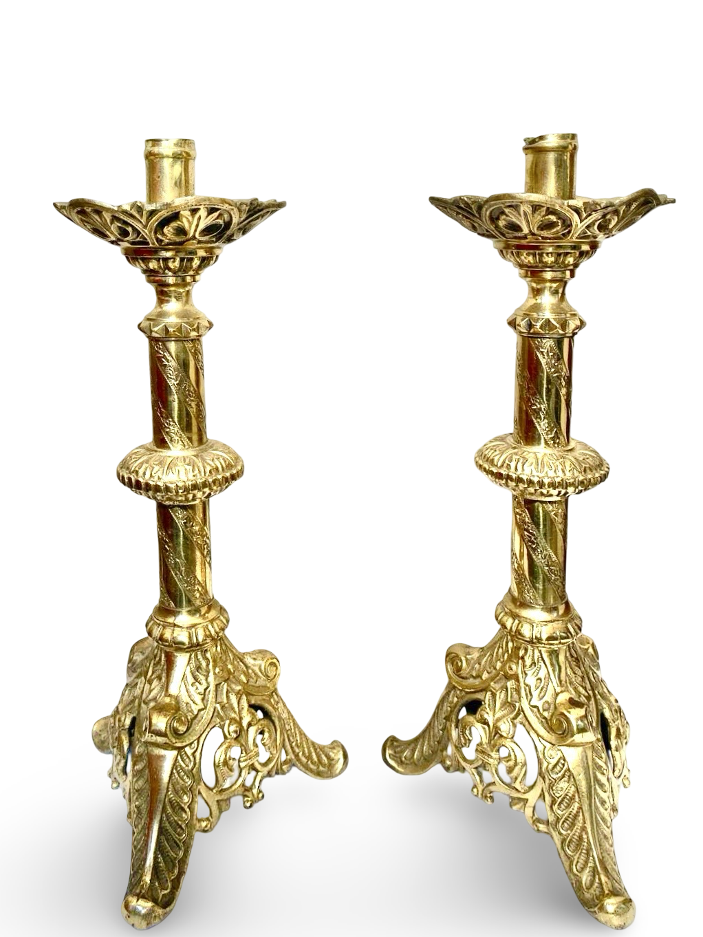 Pair of Gothic-Revival Brass Candlesticks — Northern France, ca. 1890–1910
