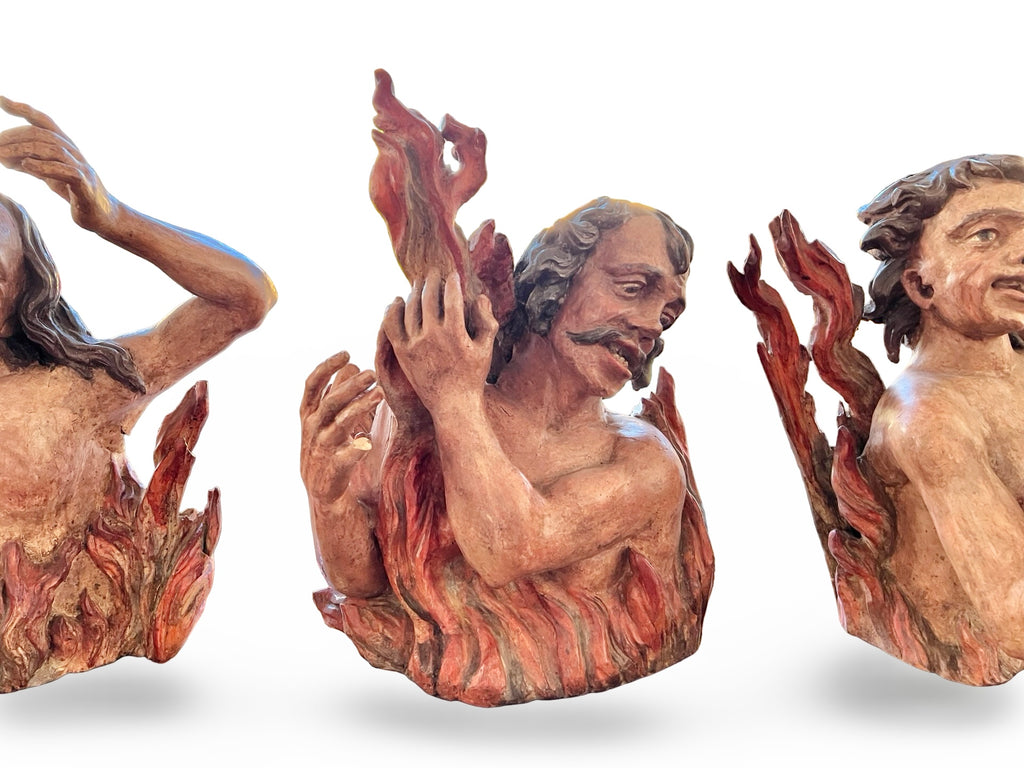 Allegorical “Souls in Purgatory” — Set of Polychrome Carved Wood Relief Figures, Val Gardena (South Tyrol), c. 1880–1930